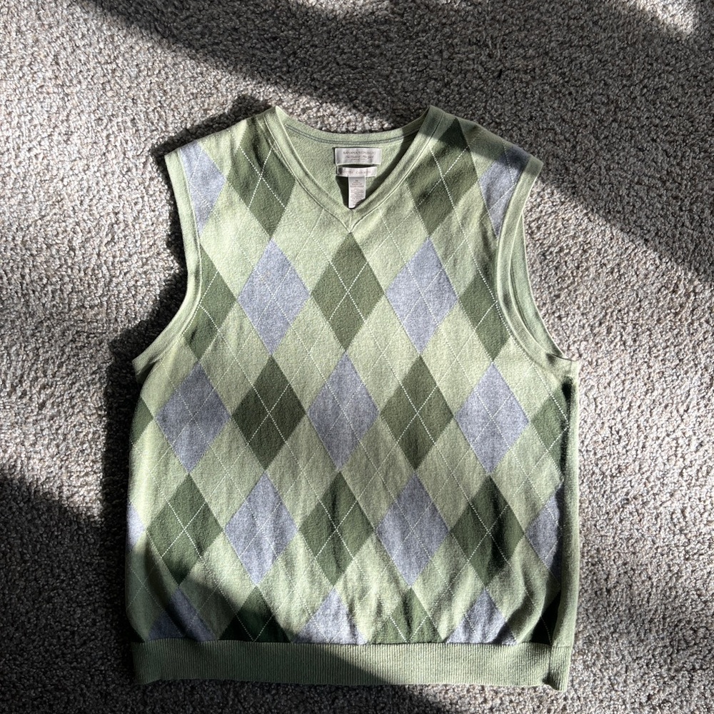Banana Republic Green and Gray Argyle V-Neck Sweater Vest